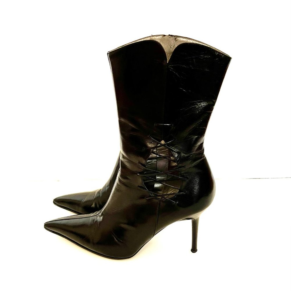 PATRICK COX Vintage Black Leather Side Laced Stiletto Boots - Size IT 38